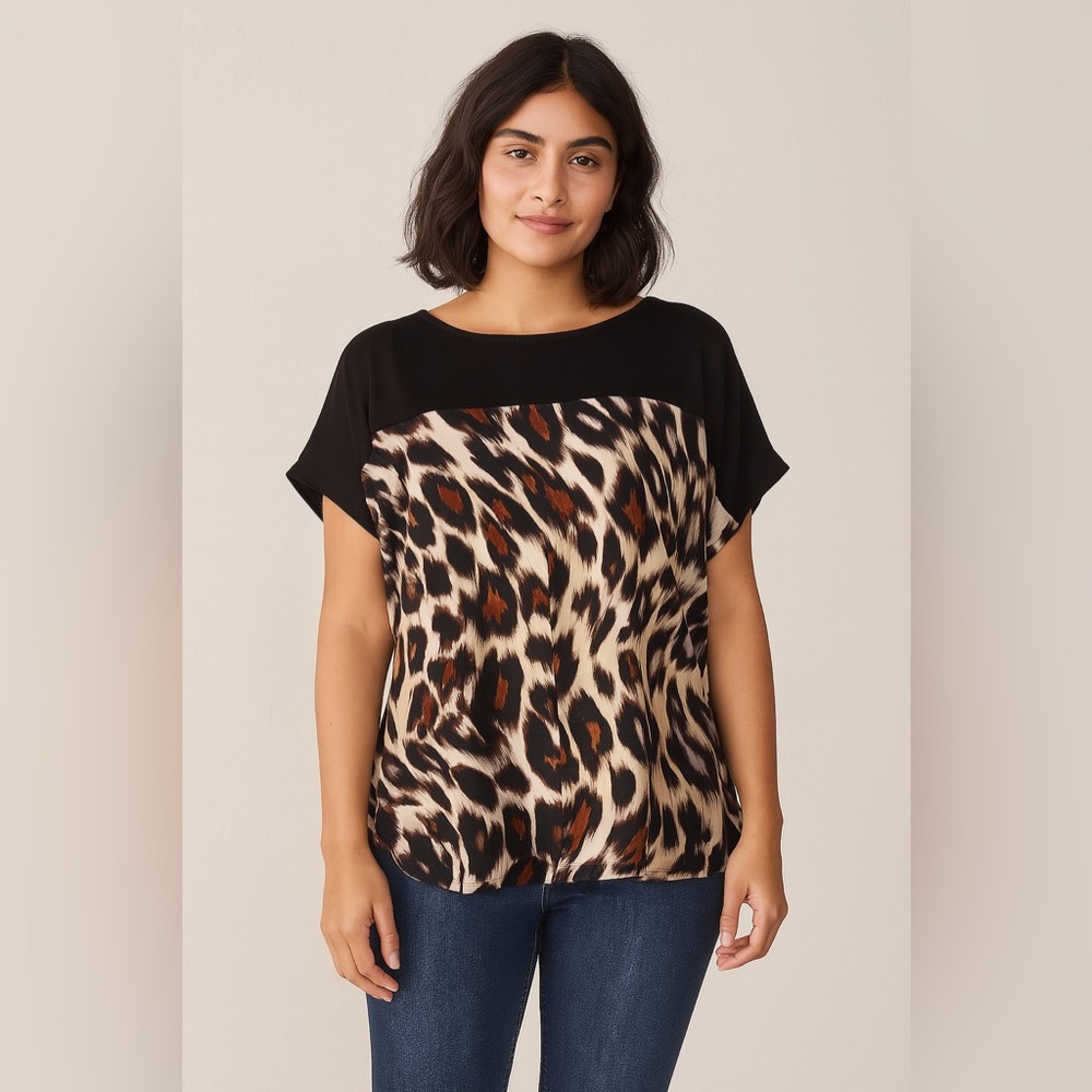 Madison Leopard Print Blouse Black Contrast Short Sleeve Top Size‎ M